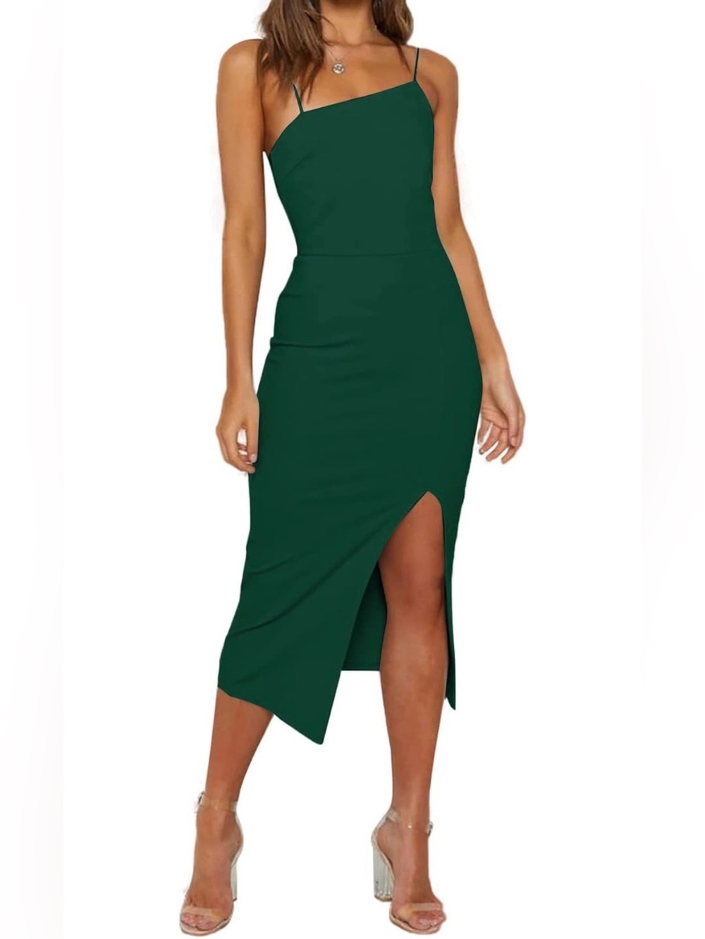 Asymmetrical One-Shoulder Emerald Green Midi Dress